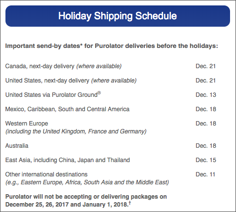 Purolator Holiday Shipping Deadlines